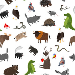 North america animals seamless pattern. Vector illustration. Wildlife skunk and buffalo, mouse and porcupine