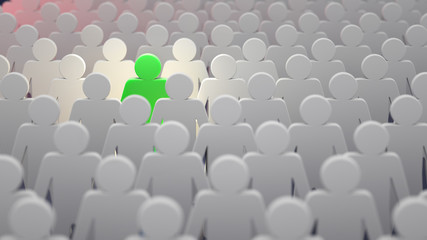 Stand out from the crowd and different creative idea concepts, man standing out of crowd - 3d rendering