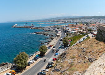 Fototapeta na wymiar Aerial view on coastline of Rethymno town, Crete island, Greece