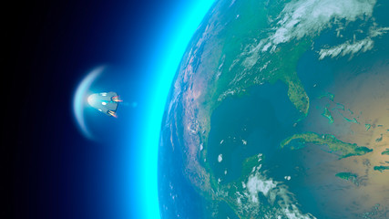 Veicolo spaziale, capsula orbitale da trasporto di equipaggio in direzione della Stazione Spaziale Internazionale. Giro in orbita attorno alla Terra. Vista satellitare della Terra. Atmosfera, attrito © Naeblys