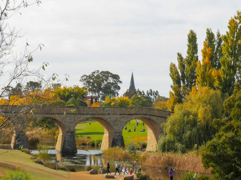 long shot of the historic old stone bridge in richmond