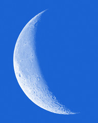 Waning Crescent Moon on blue sky. © ekim