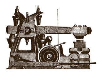 Industrial Revolution: Historical hammering machine (after an engraving or etching from the 19th century)