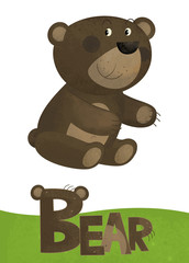 cartoon scene with bear card on white background with name of animal - illustration for children