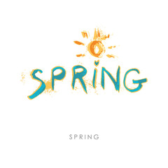 Modern inscription Spring and painted sun. Vector watercolor hand drawn illustration inscription Spring pattern.