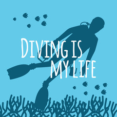 Scuba diving background with diver silhouettes vector illustration. Diver with scuba underwater silhouette