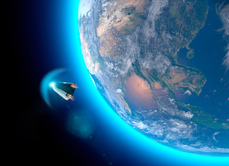 Veicolo spaziale, capsula orbitale da trasporto di equipaggio in direzione della Stazione Spaziale Internazionale. Giro in orbita attorno alla Terra. Vista satellitare della Terra. Atmosfera, attrito © Naeblys