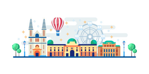Obraz premium Vienna cityscape with famous touristic landmarks. Vector flat illustration. Travel to Austria horizontal banner design