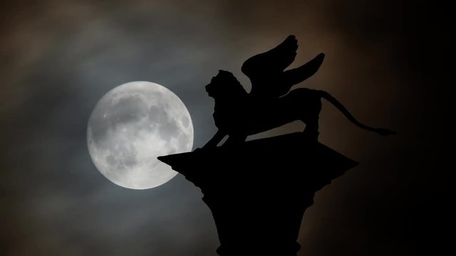 Winged Llion on San Marco Square in Venice, the Symbol of the Famous Film Festival by Night with Full Moon, Venezia, Italy, Europe