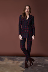 Fashion style woman perfect body shape brunette hair wear dark suit jacket pants blouse elegance...