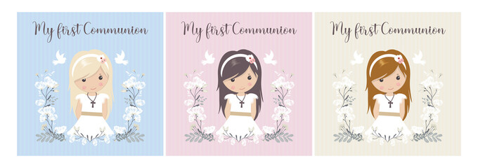 my first communion girl. beautiful girl with communion dress and flower frame