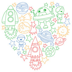 Fototapeta premium Vector set of space elements icons in doodle style. Painted, colorful, pictures on a piece of paper on white background.
