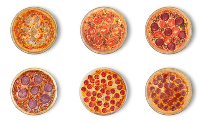 A set of six pizzas on a white background. 1) With tuna 2) With jalapeno 3) Devil 4) Salami 5-6) Pepperoni
