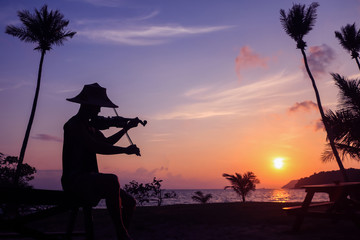 Local musicians, Asian man playing violin on the coconut beach at sunrise