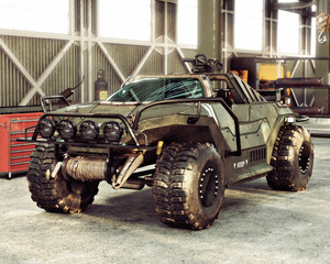 Weaponized off road 4x4 combat vehicle stored inside an industrial hangar. 3d rendering  © Digital Storm