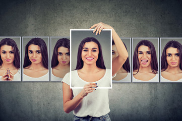 Masked young woman expressing different emotions