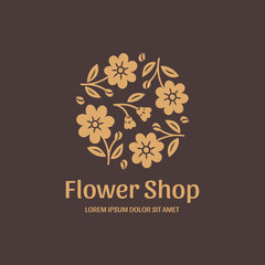 Logo for flower shop. Stylized gold flowers on brown background. Vector illustration in modern style.
