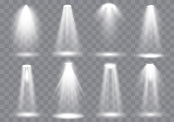 Scene illumination collection, Glowing  transparent Studio light effects. Bright lighting with spotlights. Vector Illustration