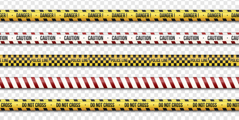 Caution lines, Police and do not cross, Danger tapes signs on the transparent background.. Vector illustration. eps 10 