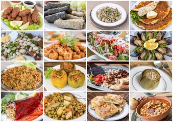 Traditional delicious Turkish foods various collage concept photo.