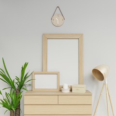 photoreal 3d render of cozy home interior 3d illustration of two a1 and a3 blank poster mockup with light wood frame sitting on wooden drawer in living room in front camera view