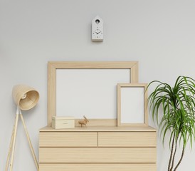 3d photoreal illustration of scandinavian home interior with two a1 and a3 blank poster mockup with wooden frame sitting on simple drawer perfect for personal brand in front view