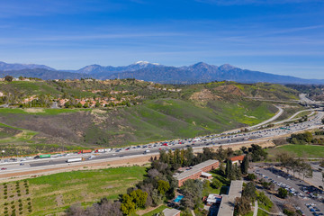 Aerial view of highway and cityscape of Pomona