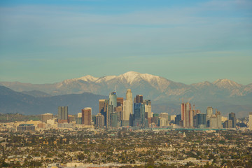 Aerial view of the beautiful Los Angeles downtown cityscape with mt. Baldy
