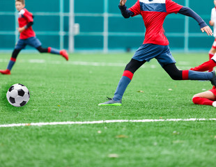 Boys in red and white sportswear plays soccer on green grass field. Youth football game. Children sport competition, kids plays outdoor,  activities, training