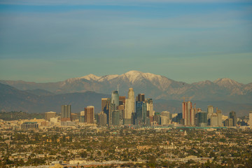 Aerial view of the beautiful Los Angeles downtown cityscape with mt. Baldy
