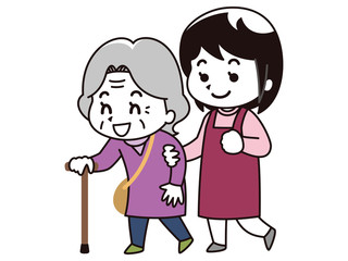 Obraz na płótnie Canvas 高齢女性に歩行介助を行う女性介護士