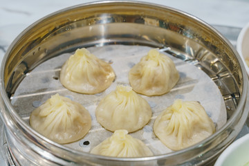 Close up shot of steamed soup dumplings