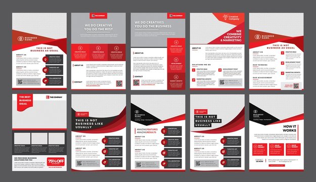 a bundle of 10 templates of a4 flyer template, modern template, in red color, and modern design, perfect for creative professional business