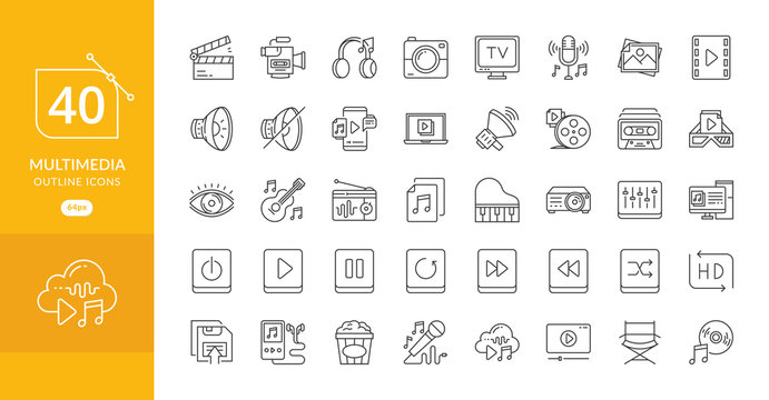 Simple set of multimedia related vector line icons. Contains such camera, computer, cinema, and more