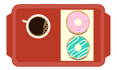 Glazed donuts and a cup of coffee in red tray vector icon