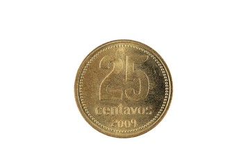 A close up image of an Argentinian twenty five centavos coin isolated on a white background