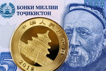 A close up image of a five somoni bank note with a Chinese gold panda coin