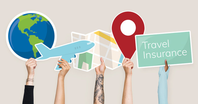 Hands holding travel icons clipart - Powered by Adobe