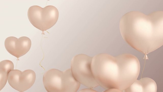 balloons in shape of heart. Floating pink cream color hearts on black background. Animation for Valentine's day 
