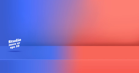 Vector,Empty blue gredient to vivid coral pink color studio table room background ,product display with copy space for display of content design.Banner for advertise product on website.