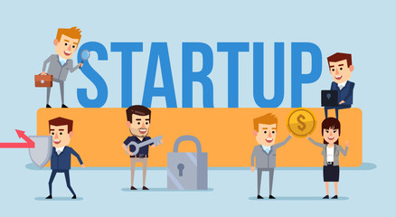 Small people working around big startup word. Business starup team, teamwork. Flat design vector illustration