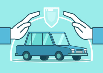 Two hands cover the car. Car insurance, safety, safe driving concept. Simple style vector illustration