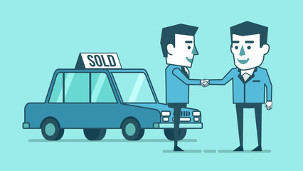 Obraz premium Two businessman stand in front of the car and make handshake. Car dealer. Buy, rent car concept. Simple style vector illustration