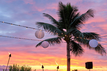 Hawaiian Sunset with palm trees on the beach - obrazy, fototapety, plakaty
