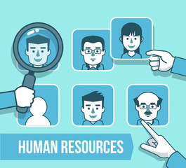 Human resources management concept. Hand points to employee profile, recruit, search for workers. Simple style vector illustration