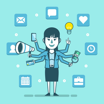 Businesswoman manages multiple tasks at once. Business, time management, multitasking concept. Simple style vector illustration