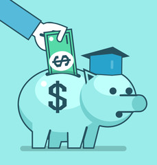 Hand puts money into piggy bank. Save money for education. Simple style vector illustration