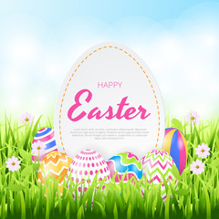 Happy easter background template with beautiful flowers, grass and eggs. Greeting Card. Vector illustration