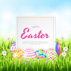 Happy easter background template with beautiful flowers, grass and eggs. Greeting Card. Vector illustration