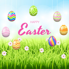 Happy easter background template with beautiful flowers, grass and eggs. Greeting Card. Vector illustration